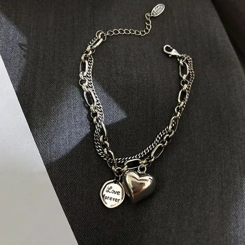 Elegant 925 Sterling Silver Love Letter Heart Double Layer Bracelet Female Unique Design Thai Silver Retro Light Luxury Jewelry Streetsharks