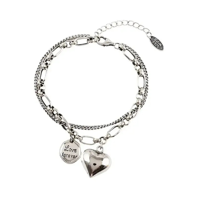 Elegant 925 Sterling Silver Love Letter Heart Double Layer Bracelet Female Unique Design Thai Silver Retro Light Luxury Jewelry Streetsharks