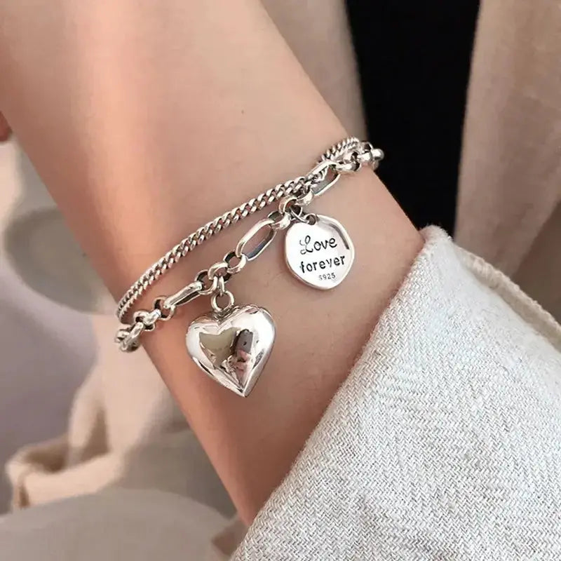 Elegant 925 Sterling Silver Love Letter Heart Double Layer Bracelet Female Unique Design Thai Silver Retro Light Luxury Jewelry Streetsharks