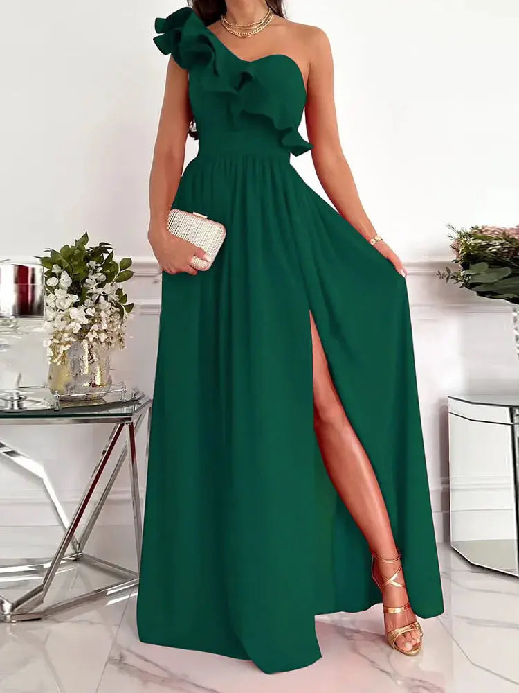 Elegant Dress Summer Sexy Slit Maxi Dress Ladies Off Shoulder Diagonal collar Pleated Evening Dress Solid Sleeveless RufflE -  Streetsharks