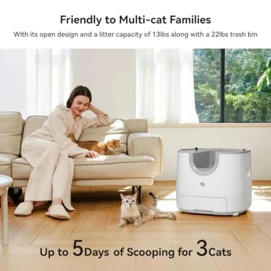 F8 Self-Cleaning Cat Litter Box Large Capacity Open-Top Design for Multi-Cat Homes with Enhanced Safety Features Includes Trash