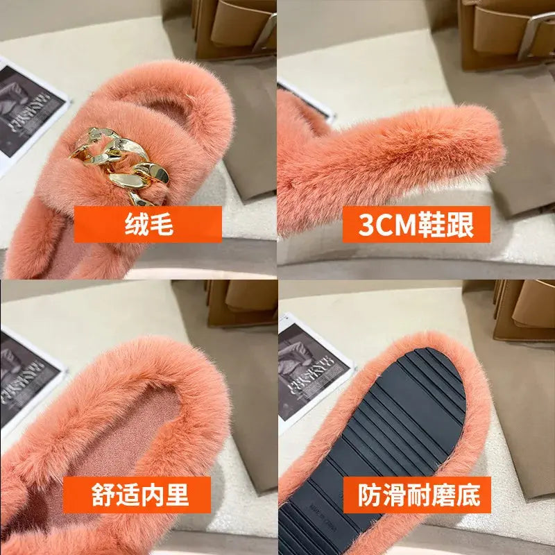 Fashion Faux Fox Fur Slippers Women Spring Autumn Fluffy Slides Ladies Peep Toe Fur Shoes Flat Large Size Furry Soft House Shoes luxecrown.co.uk