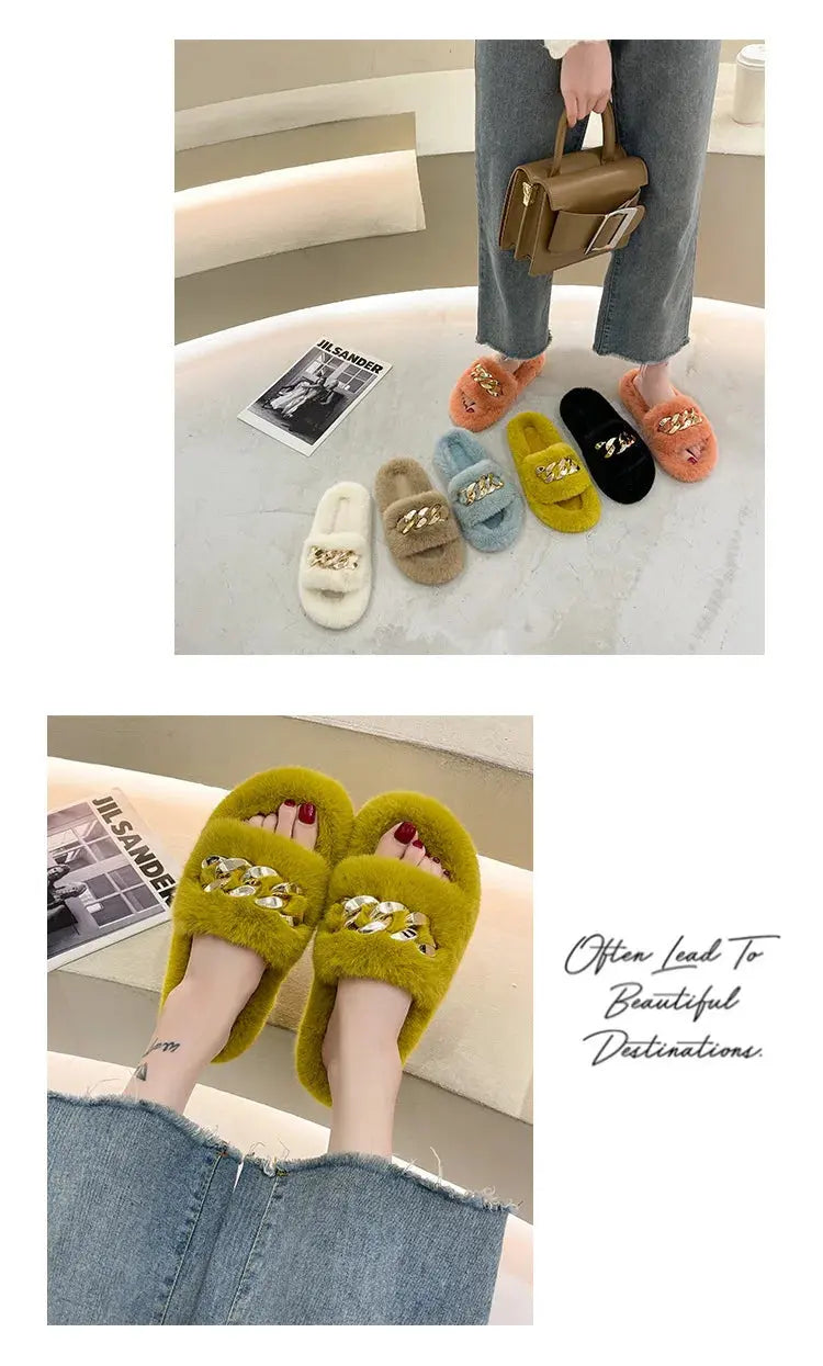 Fashion Faux Fox Fur Slippers Women Spring Autumn Fluffy Slides Ladies Peep Toe Fur Shoes Flat Large Size Furry Soft House Shoes luxecrown.co.uk