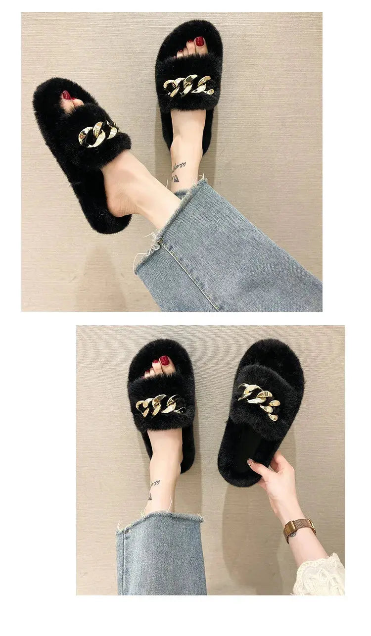 Fashion Faux Fox Fur Slippers Women Spring Autumn Fluffy Slides Ladies Peep Toe Fur Shoes Flat Large Size Furry Soft House Shoes luxecrown.co.uk