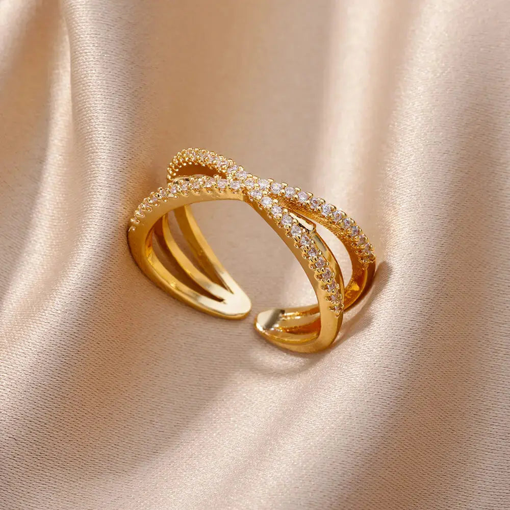 Fashion Gold Color Stainless Steel Rings For Women Chain Hollow Out Crystal Zircon Finger Ring Jewelry 2023 Gift anillos mujer Streetsharks