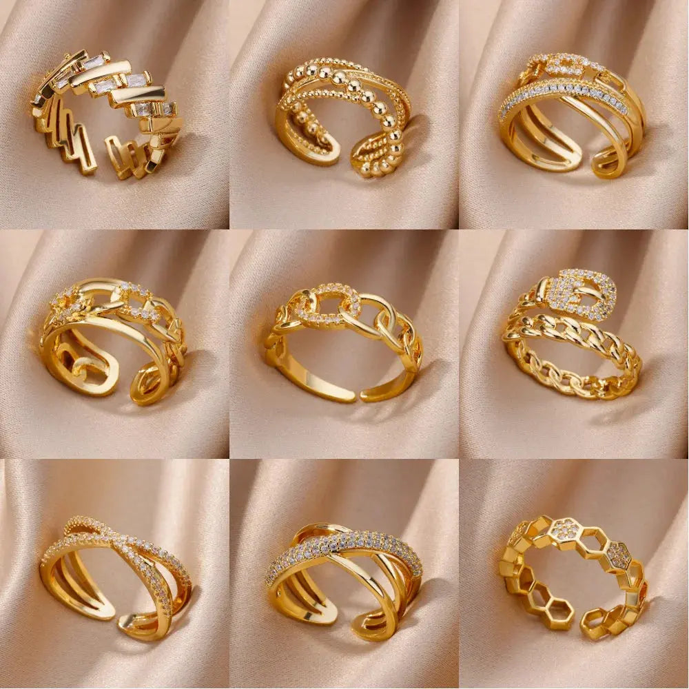 Fashion Gold Color Stainless Steel Rings For Women Chain Hollow Out Crystal Zircon Finger Ring Jewelry 2023 Gift anillos mujer Streetsharks