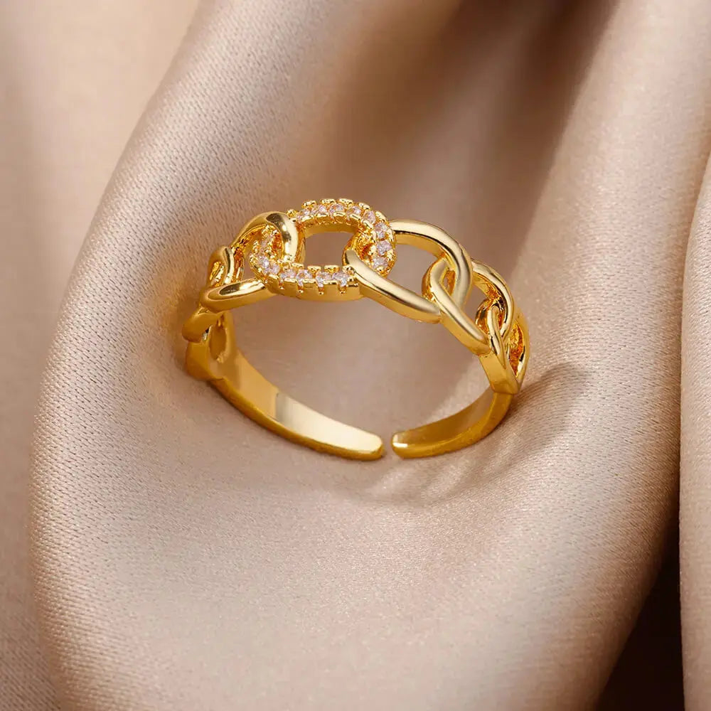 Fashion Gold Color Stainless Steel Rings For Women Chain Hollow Out Crystal Zircon Finger Ring Jewelry 2023 Gift anillos mujer Streetsharks