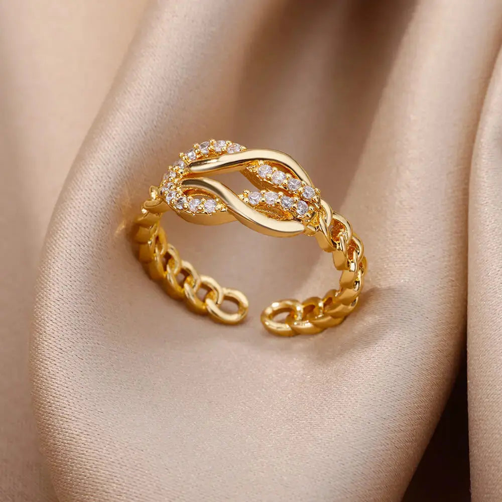 Fashion Gold Color Stainless Steel Rings For Women Chain Hollow Out Crystal Zircon Finger Ring Jewelry 2023 Gift anillos mujer Streetsharks
