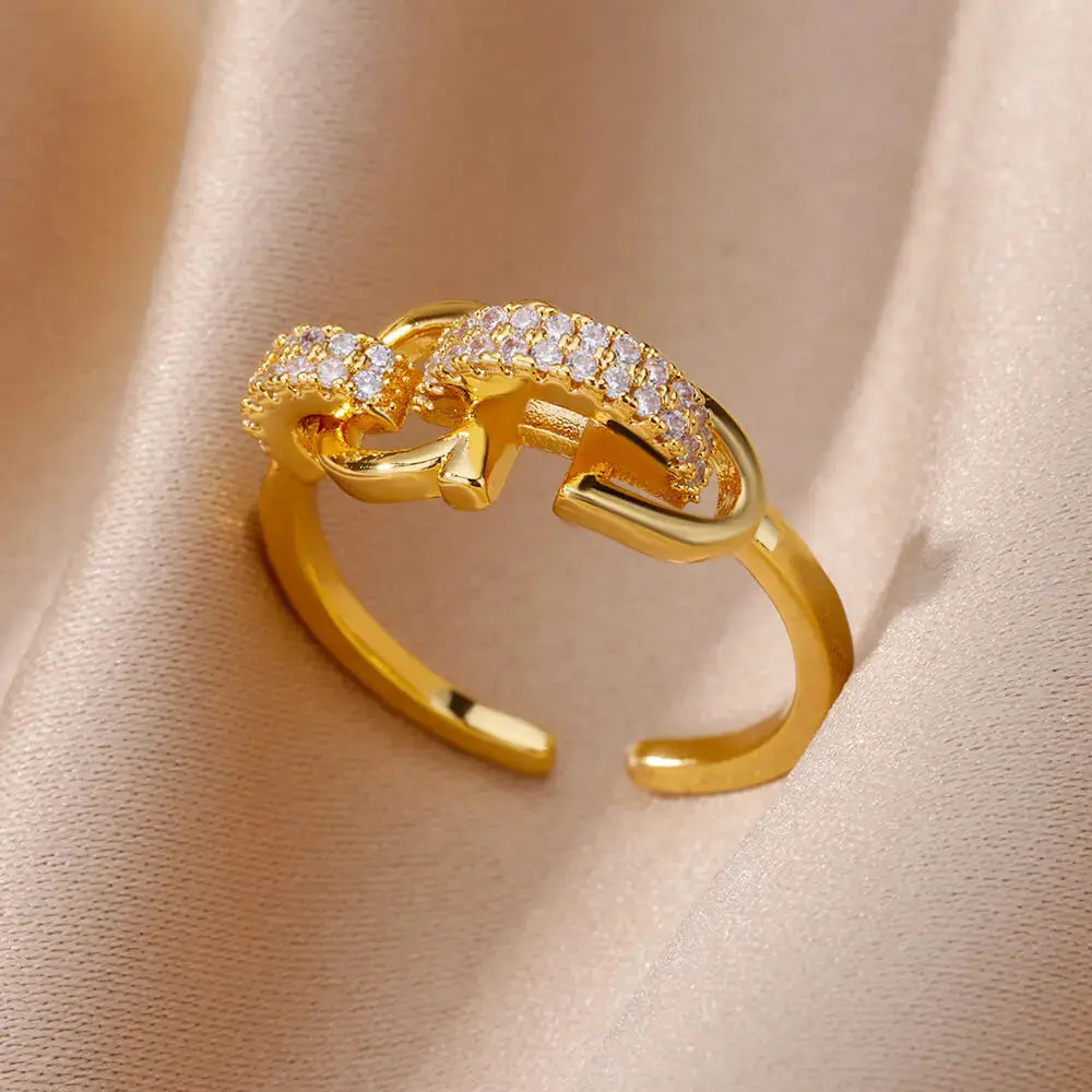 Fashion Gold Color Stainless Steel Rings For Women Chain Hollow Out Crystal Zircon Finger Ring Jewelry 2023 Gift anillos mujer Streetsharks