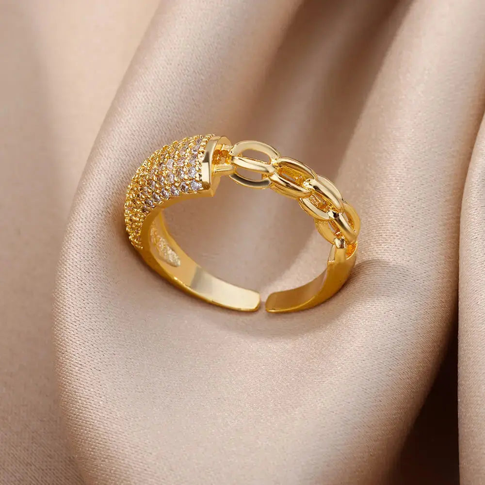Fashion Gold Color Stainless Steel Rings For Women Chain Hollow Out Crystal Zircon Finger Ring Jewelry 2023 Gift anillos mujer Streetsharks