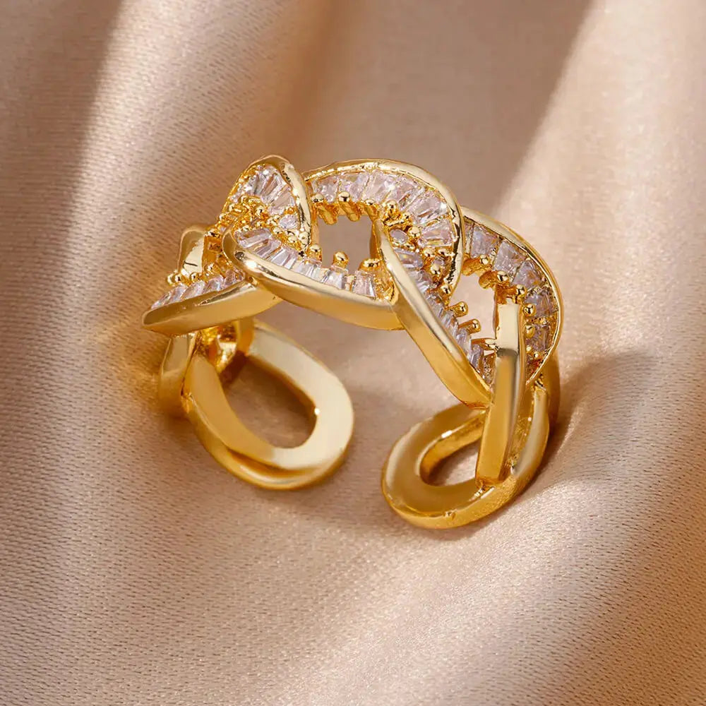Fashion Gold Color Stainless Steel Rings For Women Chain Hollow Out Crystal Zircon Finger Ring Jewelry 2023 Gift anillos mujer Streetsharks