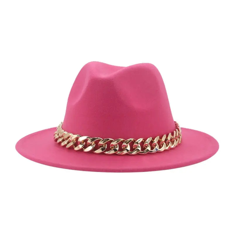 Fedora Hats for Women Men Wide Brim Thick Gold Chain Band Felted Hat Jazz Cap Winter Autumn Panama Red Luxury Hat Chapeau Lemme -  Streetsharks