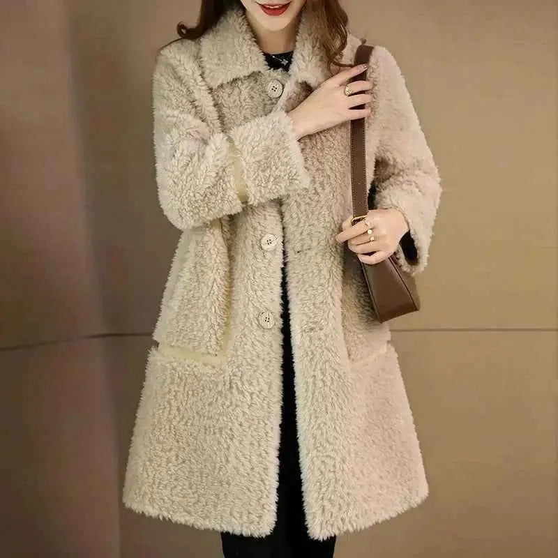 Female Winter Slim Grain Wool Middle Long Coat Women New Middle-Aged And Elderly Cashmere Thickened Imitation Lamb Wool Overcoat