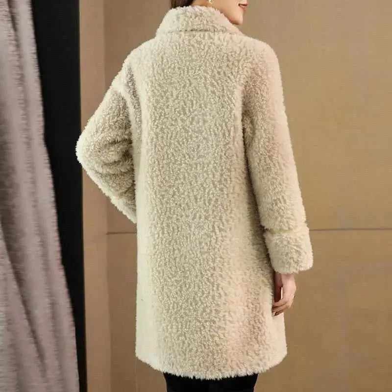 Female Winter Slim Grain Wool Middle Long Coat Women New Middle-Aged And Elderly Cashmere Thickened Imitation Lamb Wool Overcoat
