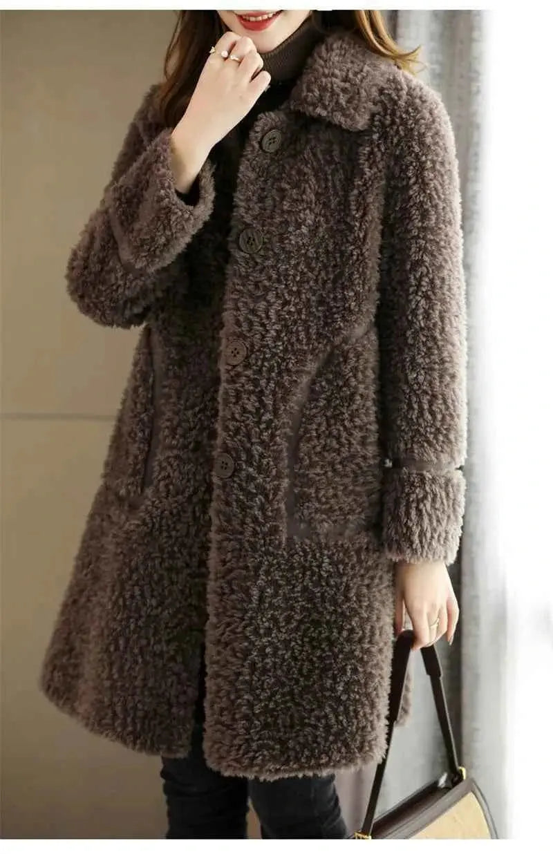 Female Winter Slim Grain Wool Middle Long Coat Women New Middle-Aged And Elderly Cashmere Thickened Imitation Lamb Wool Overcoat