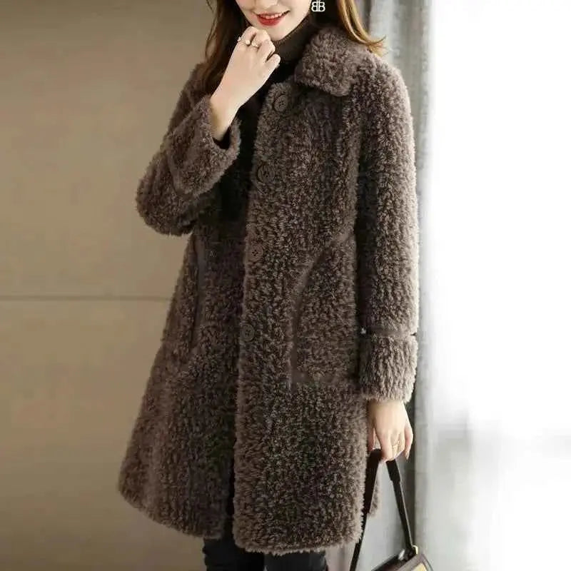 Female Winter Slim Grain Wool Middle Long Coat Women New Middle-Aged And Elderly Cashmere Thickened Imitation Lamb Wool Overcoat