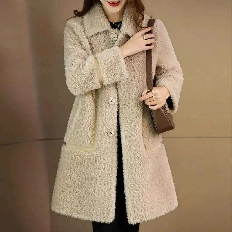 Female Winter Slim Grain Wool Middle Long Coat Women New Middle-Aged And Elderly Cashmere Thickened Imitation Lamb Wool Overcoat
