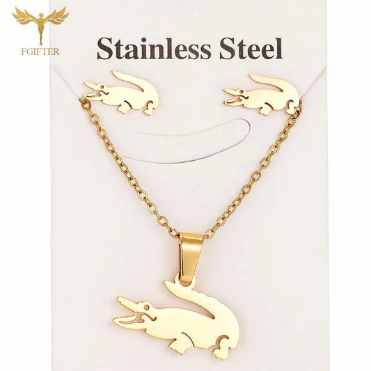 Fgift Gold Plated Sainless Steel Jewelry Sets For Women Crocodile Pendant Chain Necklace Stud Earrings Animal Design Party Gifts Streetsharks