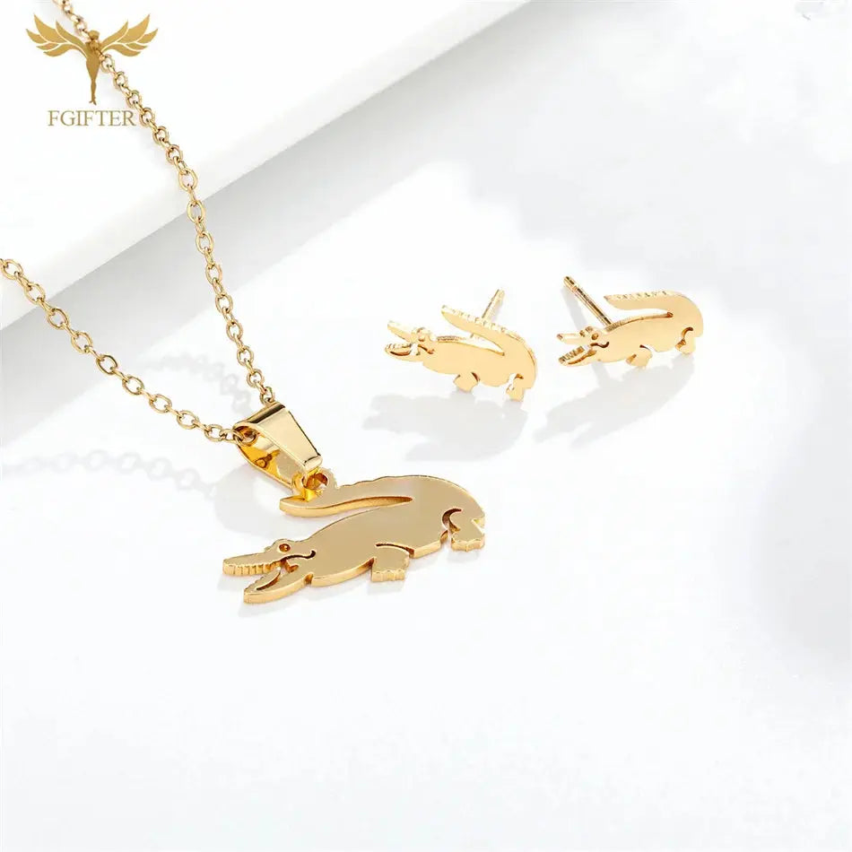 Fgift Gold Plated Sainless Steel Jewelry Sets For Women Crocodile Pendant Chain Necklace Stud Earrings Animal Design Party Gifts Streetsharks