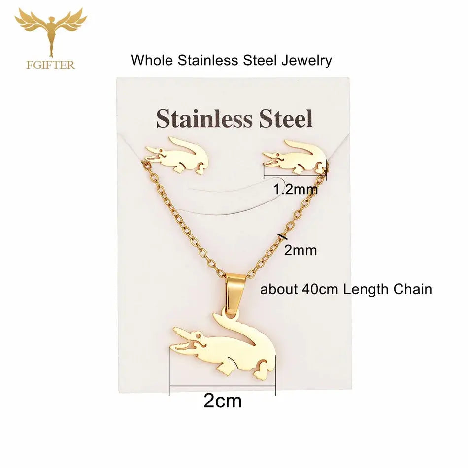 Fgift Gold Plated Sainless Steel Jewelry Sets For Women Crocodile Pendant Chain Necklace Stud Earrings Animal Design Party Gifts Streetsharks