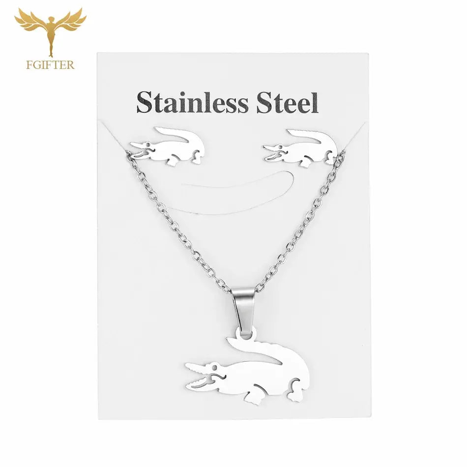Fgift Gold Plated Sainless Steel Jewelry Sets For Women Crocodile Pendant Chain Necklace Stud Earrings Animal Design Party Gifts Streetsharks