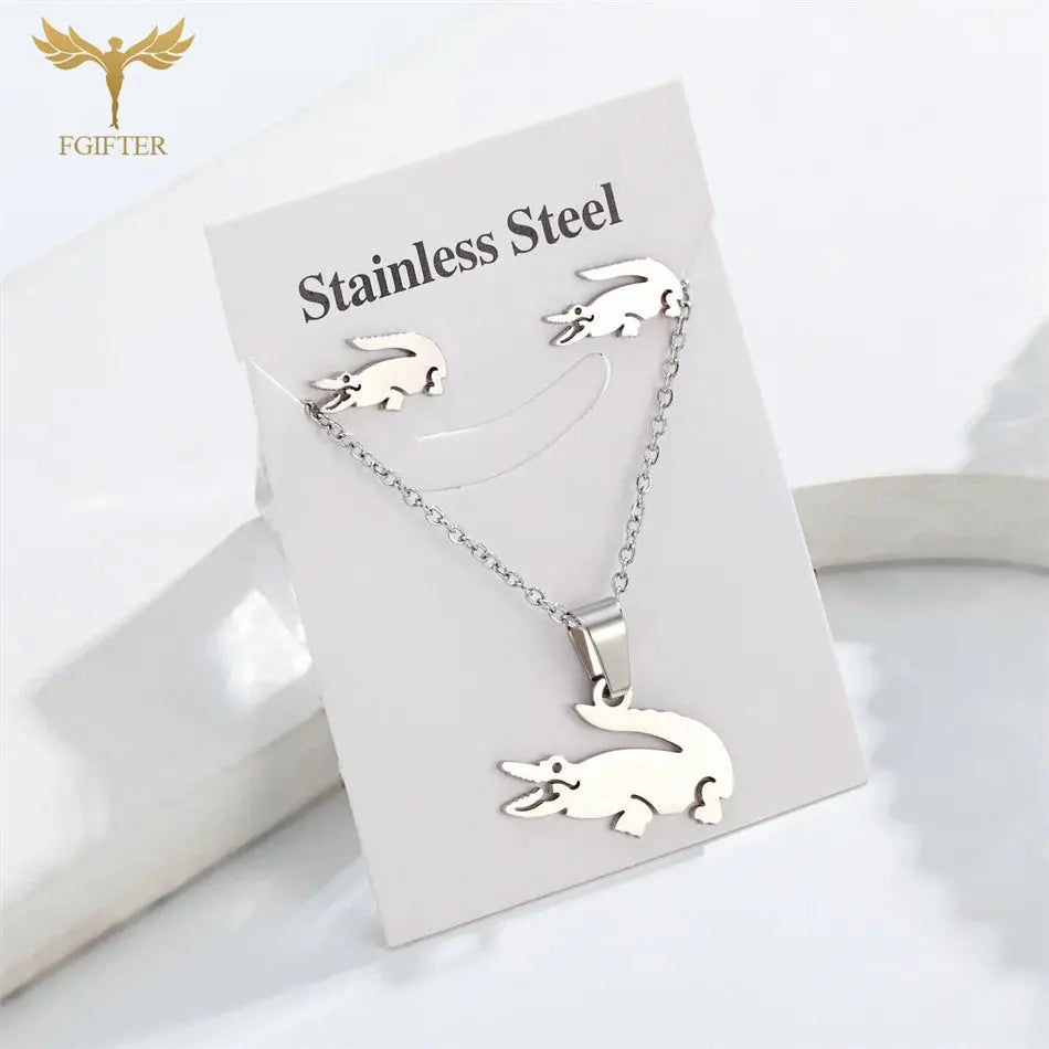 Fgift Gold Plated Sainless Steel Jewelry Sets For Women Crocodile Pendant Chain Necklace Stud Earrings Animal Design Party Gifts Streetsharks