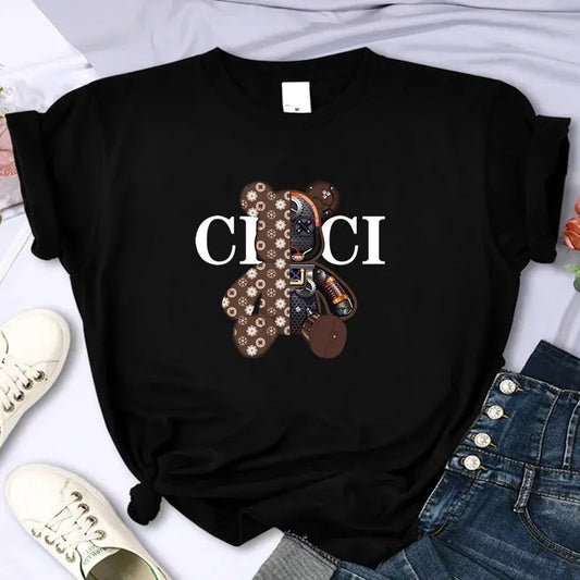 For Women's Luxury Brand Bear High-Quality Summer Printing T-shirt 100% Cotton Casual Oversized Y2k Personality Sleeve O-neck Streetsharks