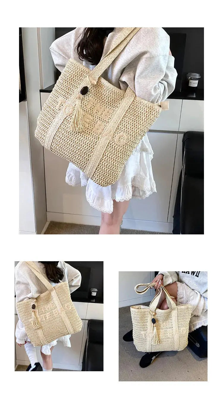 French Style Large Capacity Woven Straw Woven Bag for Women New Beach Vacation Shoulder Bag Casual Commuting Tote Bag Purse luxecrown.co.uk