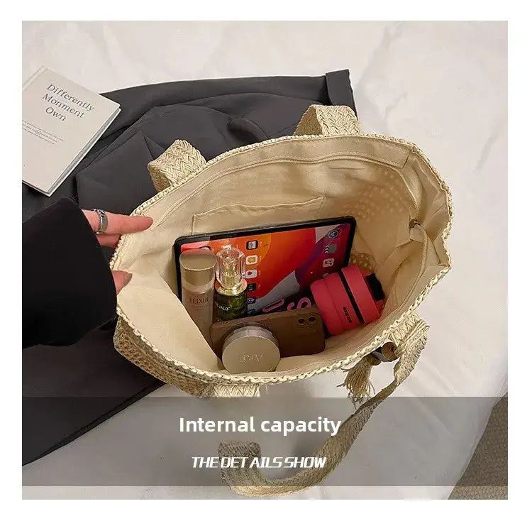 French Style Large Capacity Woven Straw Woven Bag for Women New Beach Vacation Shoulder Bag Casual Commuting Tote Bag Purse luxecrown.co.uk