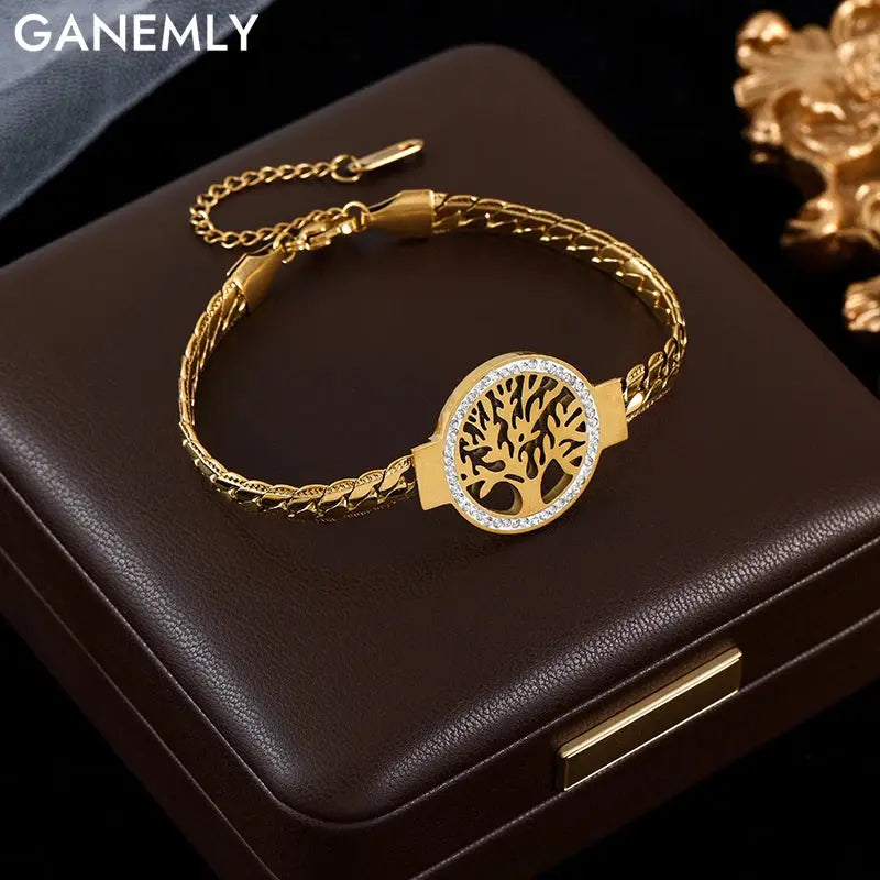 GANEMLY 316L Stainless Steel Tree of Life Bracelet For Women Fashion 18K Gold Plated Wrist Chain Waterproof Jewelry Lady Gift luxecrown.co.uk