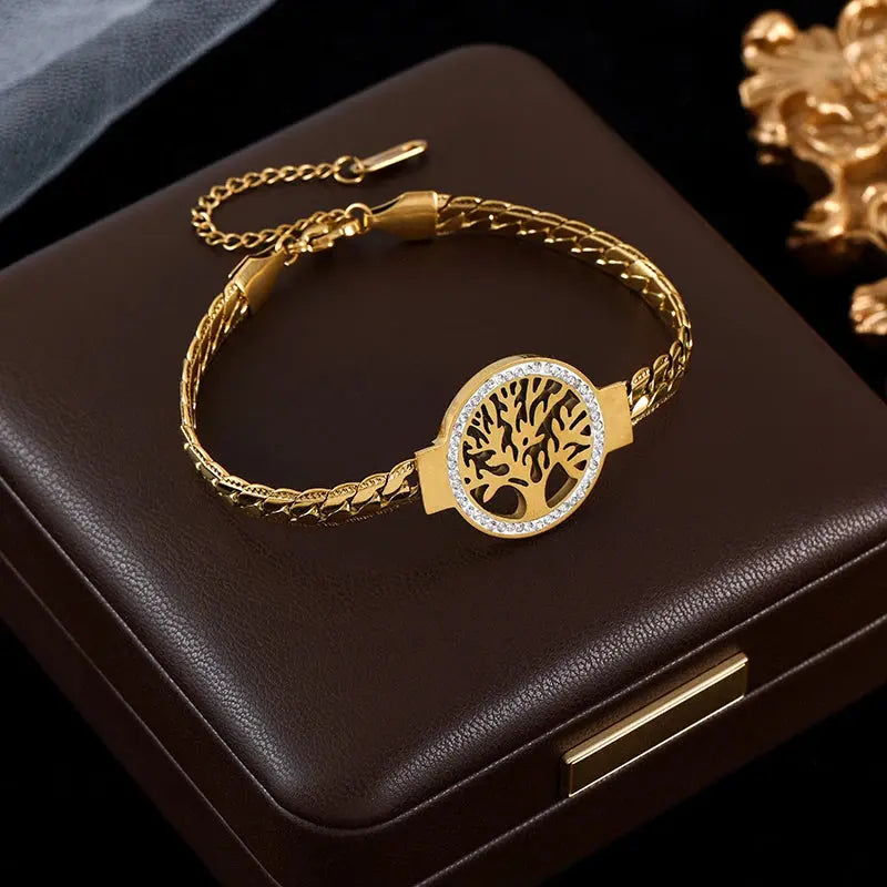 GANEMLY 316L Stainless Steel Tree of Life Bracelet For Women Fashion 18K Gold Plated Wrist Chain Waterproof Jewelry Lady Gift luxecrown.co.uk
