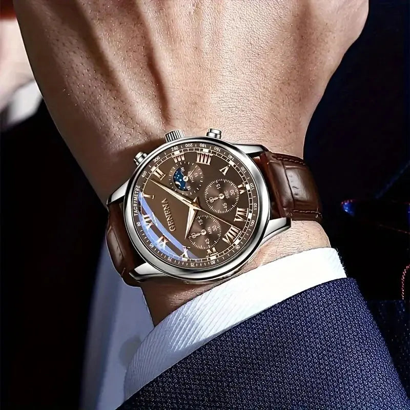 GENEVA High Quality Men's Luxury Belt Fashion Quartz Watch Men Round Business Student Sport Waterproof Glow Clock luxecrown.co.uk