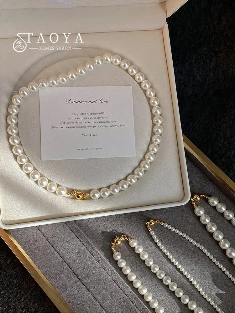 Girl’s Imitation White Pearl Magnetic Round Buckle Beadeds Chain Necklace 2024 New Collarbone Chain Elegant Jewelry for Women Streetsharks