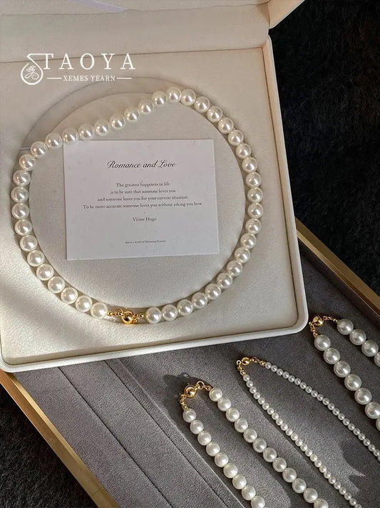 Girl’s Imitation White Pearl Magnetic Round Buckle Beadeds Chain Necklace 2024 New Collarbone Chain Elegant Jewelry for Women Streetsharks