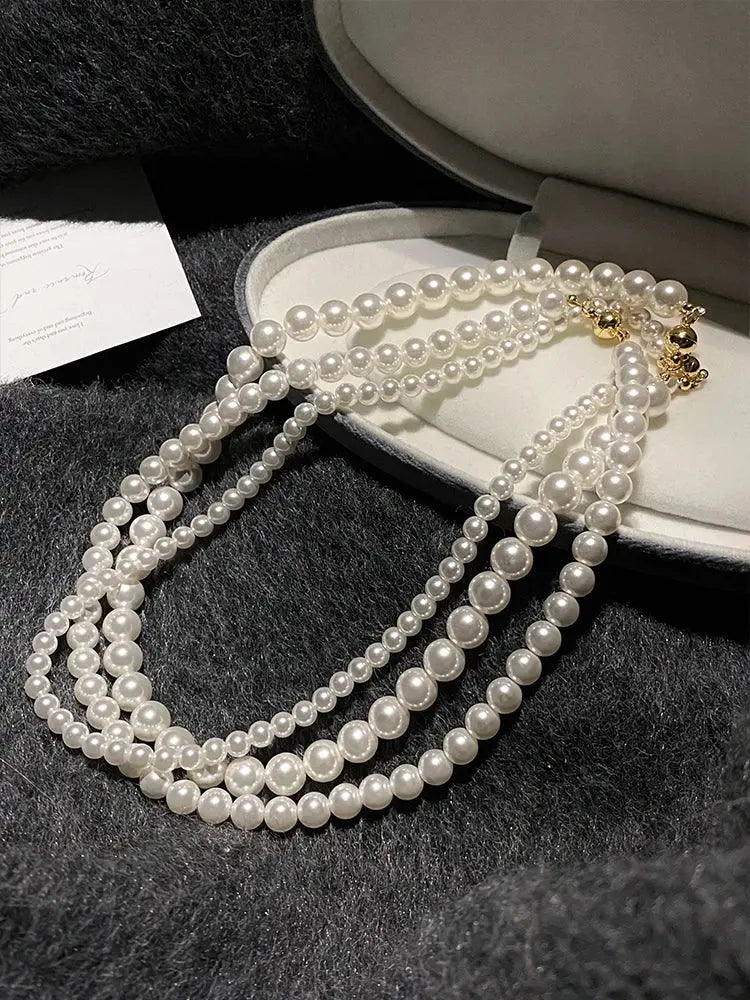 Girl’s Imitation White Pearl Magnetic Round Buckle Beadeds Chain Necklace 2024 New Collarbone Chain Elegant Jewelry for Women Streetsharks