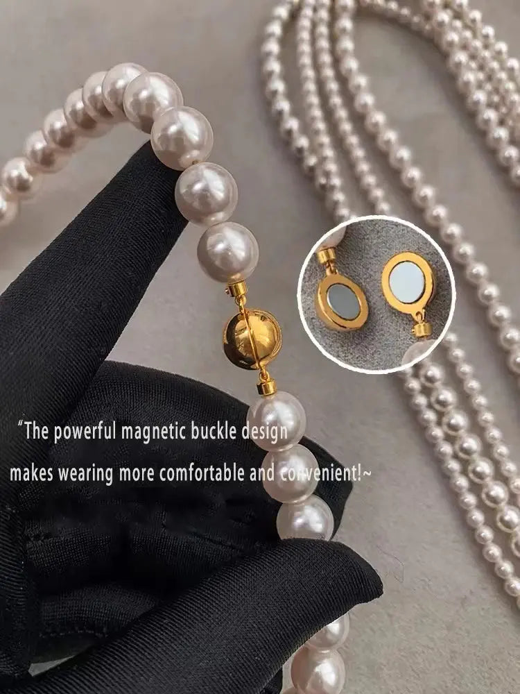 Girl’s Imitation White Pearl Magnetic Round Buckle Beadeds Chain Necklace 2024 New Collarbone Chain Elegant Jewelry for Women Streetsharks