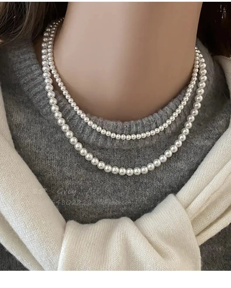 Girl’s Imitation White Pearl Magnetic Round Buckle Beadeds Chain Necklace 2024 New Collarbone Chain Elegant Jewelry for Women Streetsharks