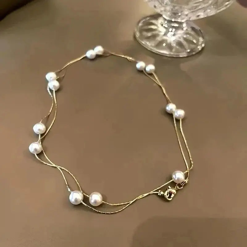 Girl’s Imitation White Pearl Magnetic Round Buckle Beadeds Chain Necklace 2024 New Collarbone Chain Elegant Jewelry for Women Streetsharks
