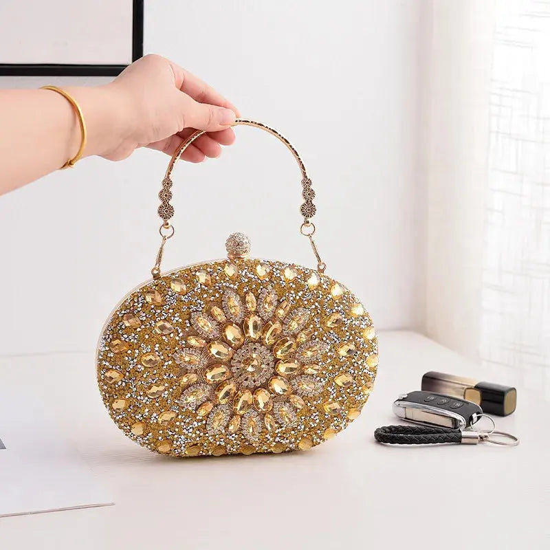Gold Round Bag Luxury Brand Rhinestone Clutch Bags for Women 2024 Crystals Party Purses Diamond Designer Crossbody Handbags Streetsharks