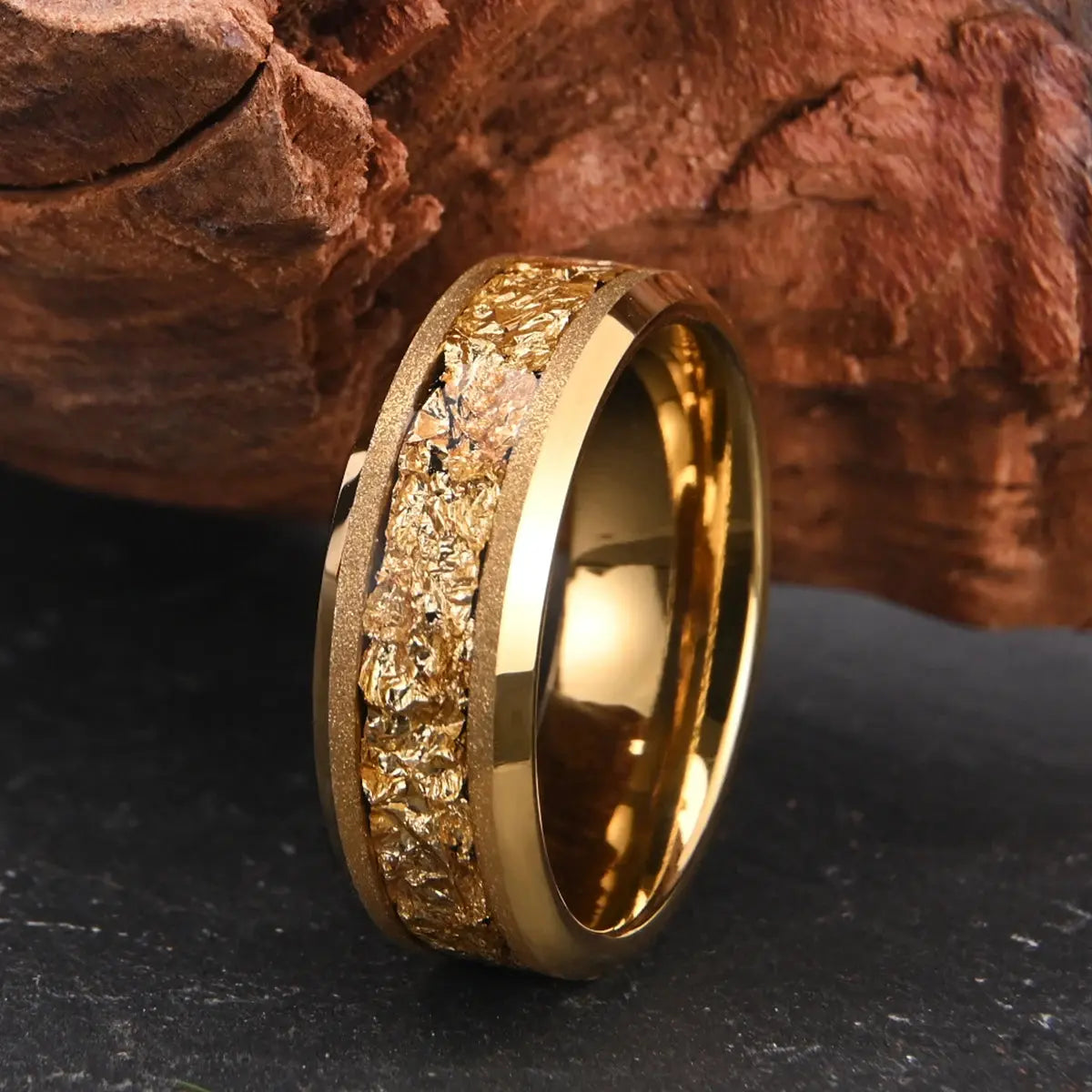 Golden Tungsten Carbide Ring 8mm Frosted Golden Leaf Men's Engagement Ring Novelty Style for Wedding Daily Wear Streetsharks