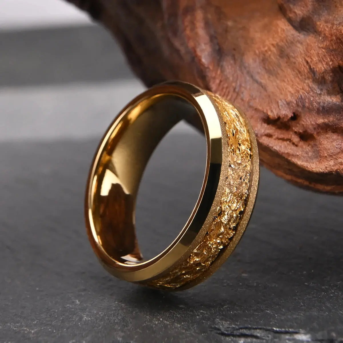 Golden Tungsten Carbide Ring 8mm Frosted Golden Leaf Men's Engagement Ring Novelty Style for Wedding Daily Wear Streetsharks