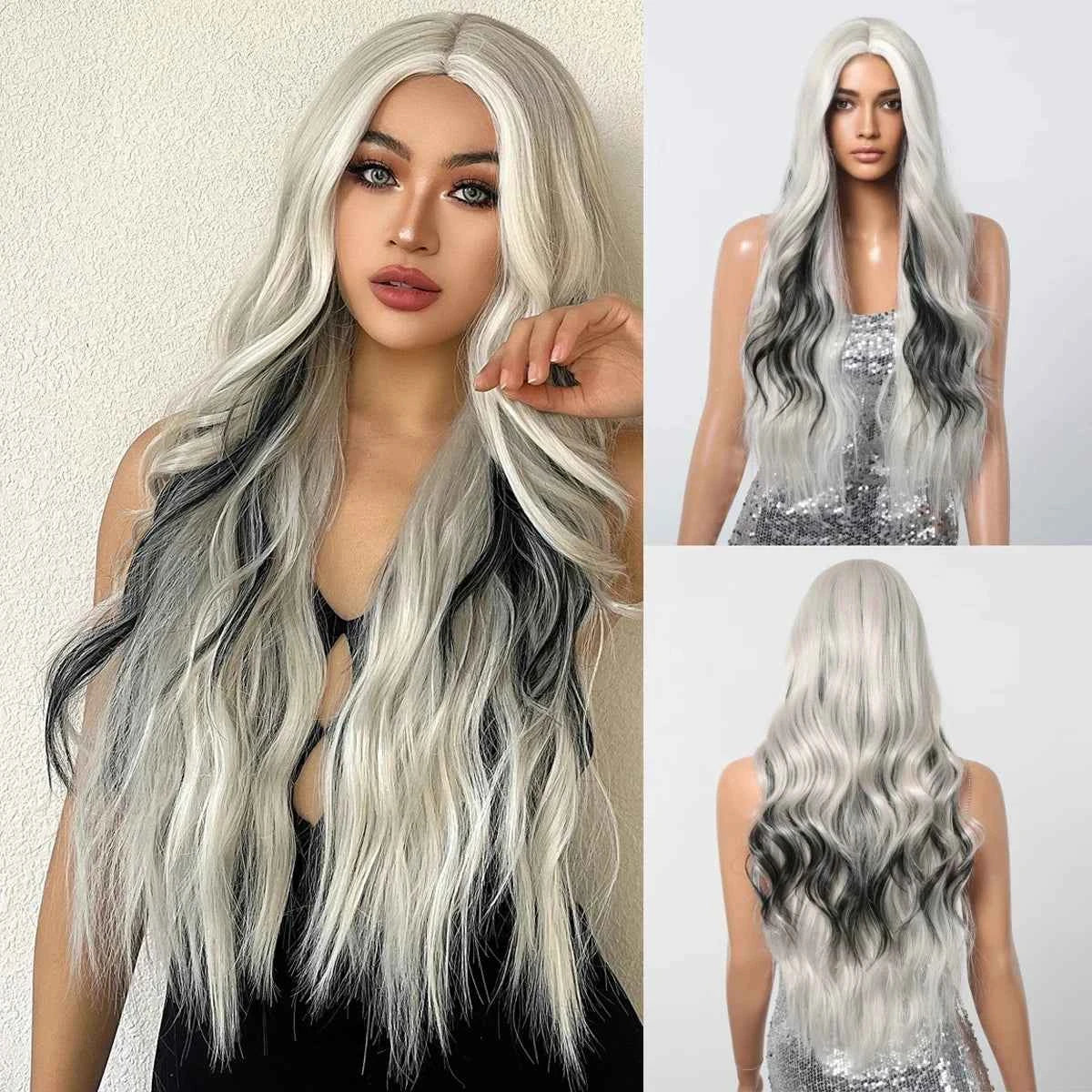 Ombre Natural Brown Synthetic Wig Women Long Wavy Curly Wig Middle Part Heat Resistant High Quality False Hair Daily Use Parties