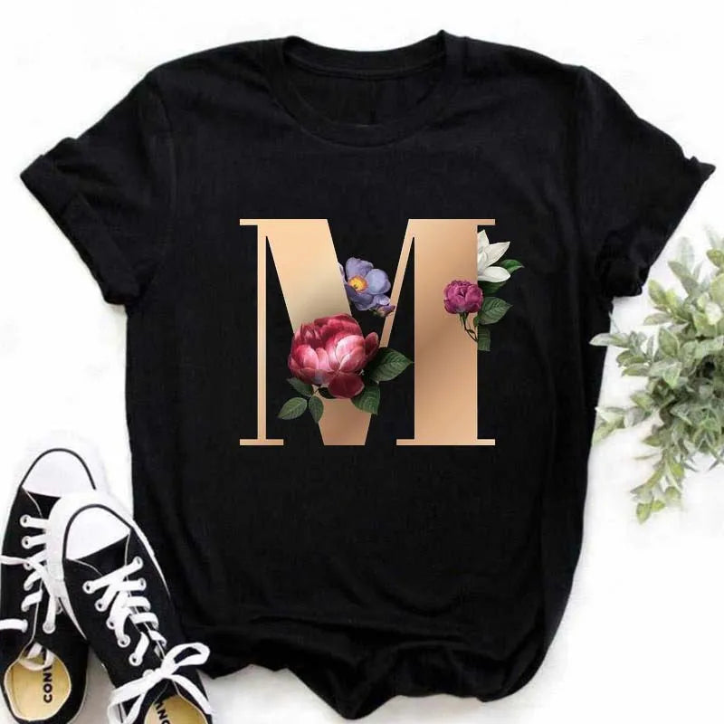 A B C D E English Alphabet Print T Shirt Women New Summer Couples Lovers Female T-Shirt Harajuku Casual Black Tops Tshirts luxecrown.co.uk