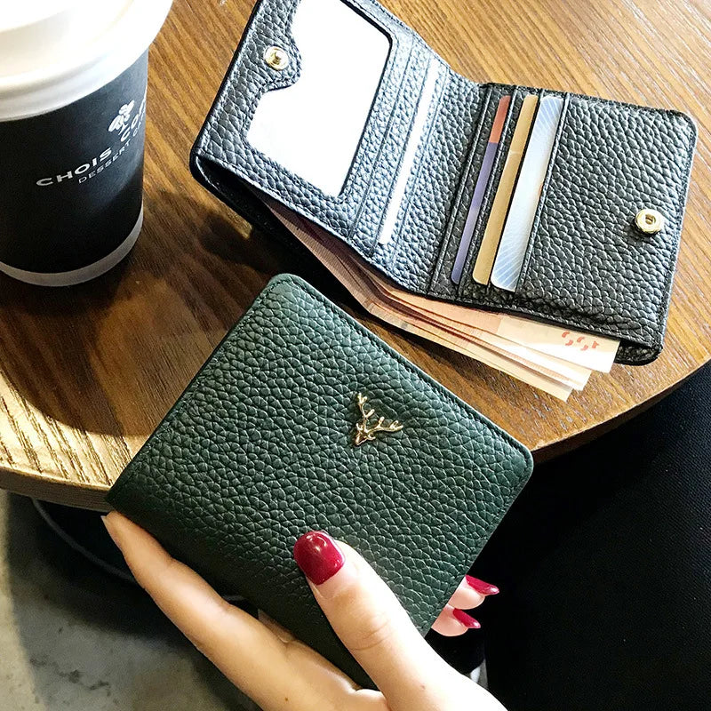 Cowhide Women's Purses Short Thin Small Wallet Chic Christmas Deer Button Ladies Genuine Leather Card Holder Wallet Coin Purse luxecrown.co.uk