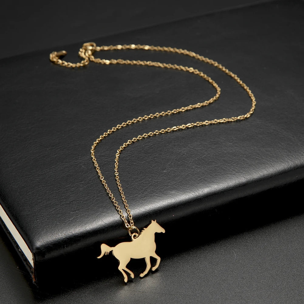 Skyrim Fashion Cute Animal Horse Pendant Necklace for Women Girls Stainless Steel Gold Color Chain Necklaces Gifts Wholesale Streetsharks