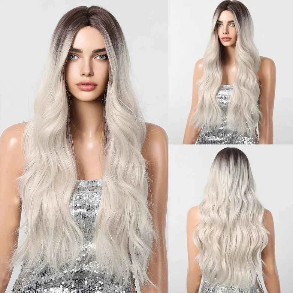 Ombre Natural Brown Synthetic Wig Women Long Wavy Curly Wig Middle Part Heat Resistant High Quality False Hair Daily Use Parties