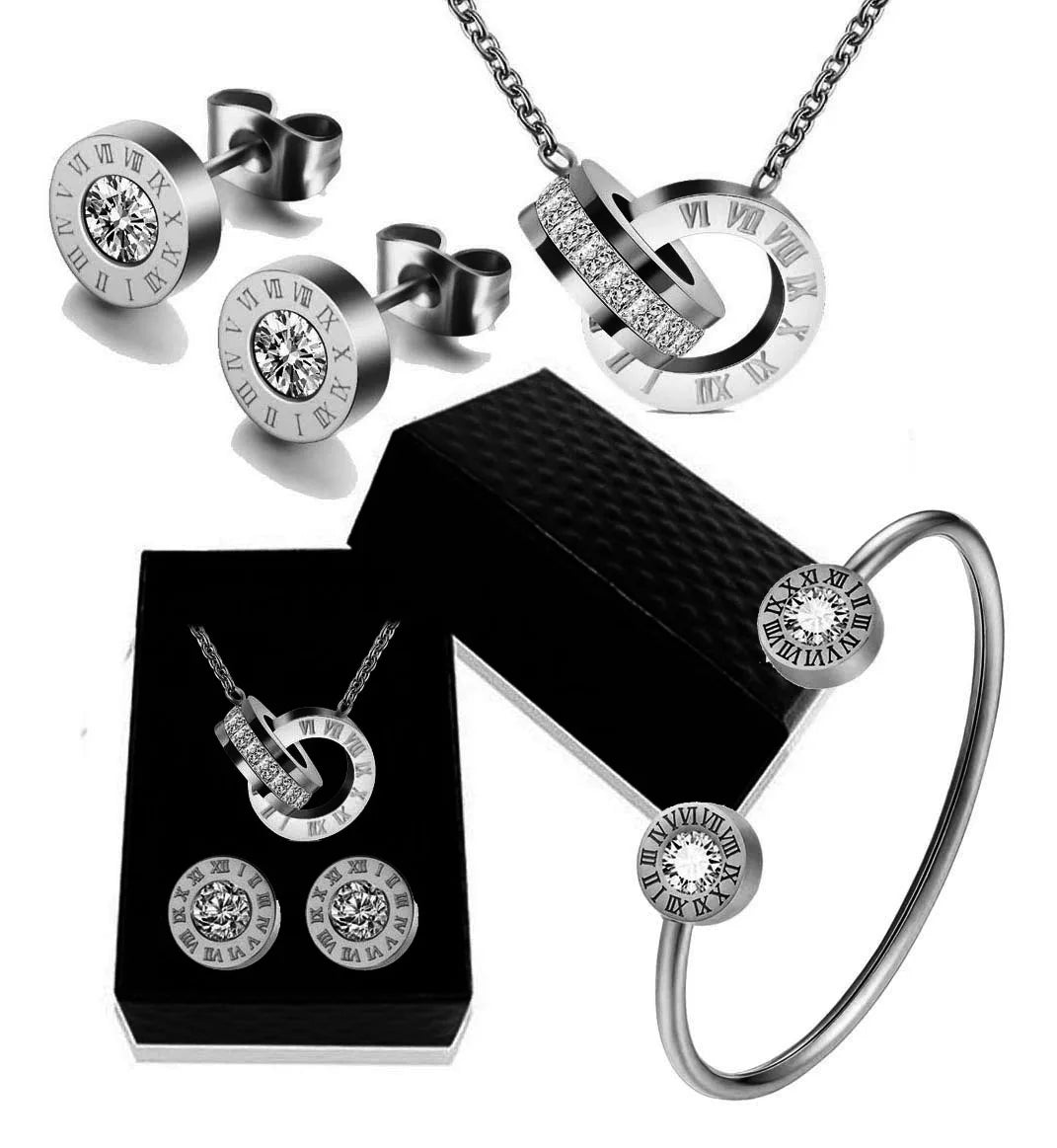 Luxury Roman Numeral Necklace Earring Bracelet For Women Party 316L Stainless Steel Jewelry Set Gift Box Streetsharks