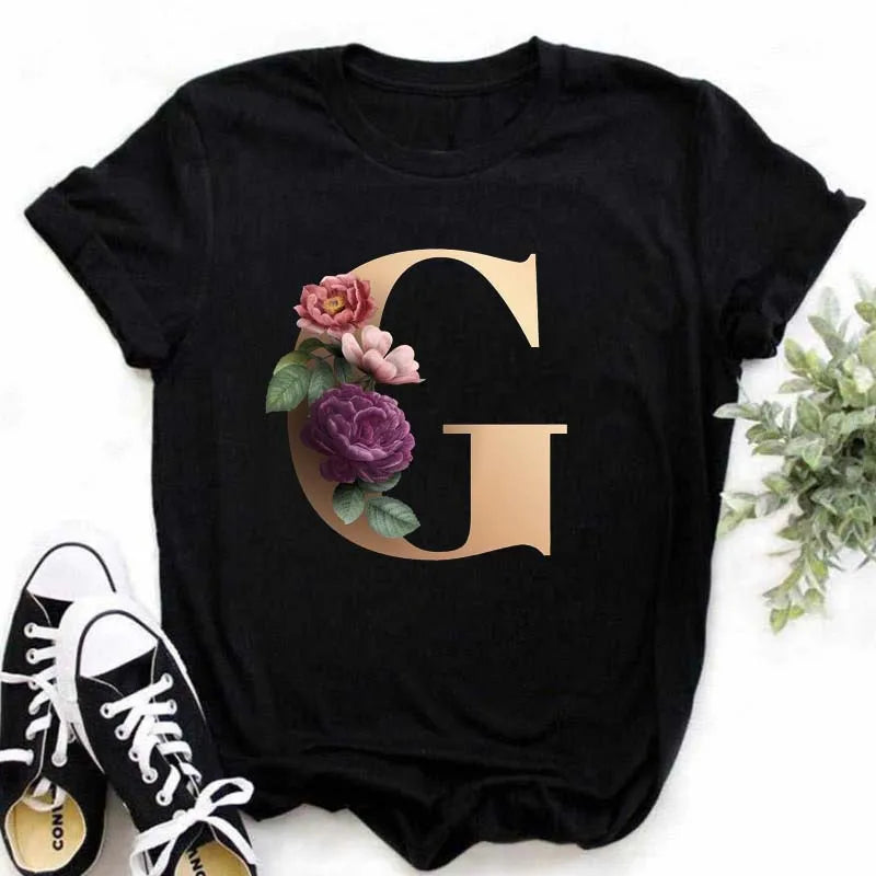 A B C D E English Alphabet Print T Shirt Women New Summer Couples Lovers Female T-Shirt Harajuku Casual Black Tops Tshirts luxecrown.co.uk