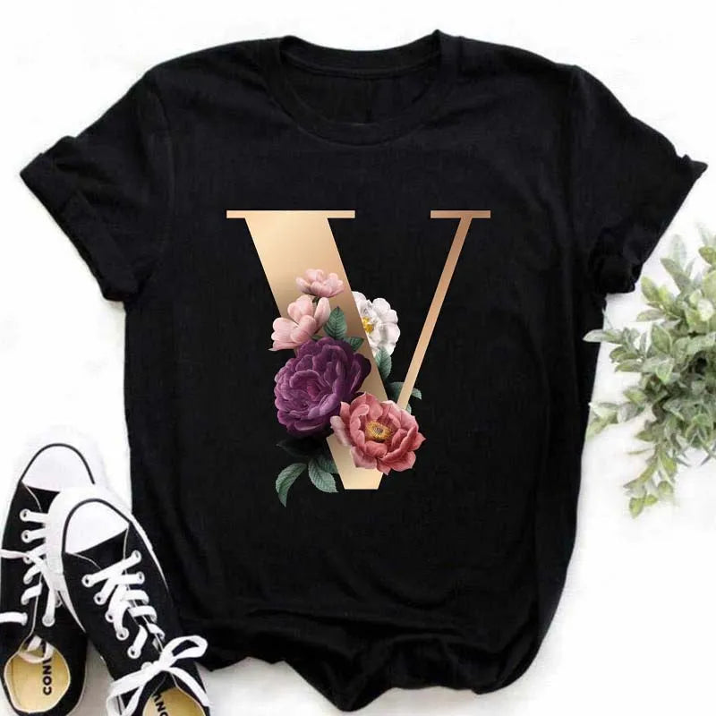 A B C D E English Alphabet Print T Shirt Women New Summer Couples Lovers Female T-Shirt Harajuku Casual Black Tops Tshirts luxecrown.co.uk