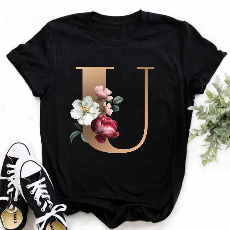 A B C D E English Alphabet Print T Shirt Women New Summer Couples Lovers Female T-Shirt Harajuku Casual Black Tops Tshirts luxecrown.co.uk